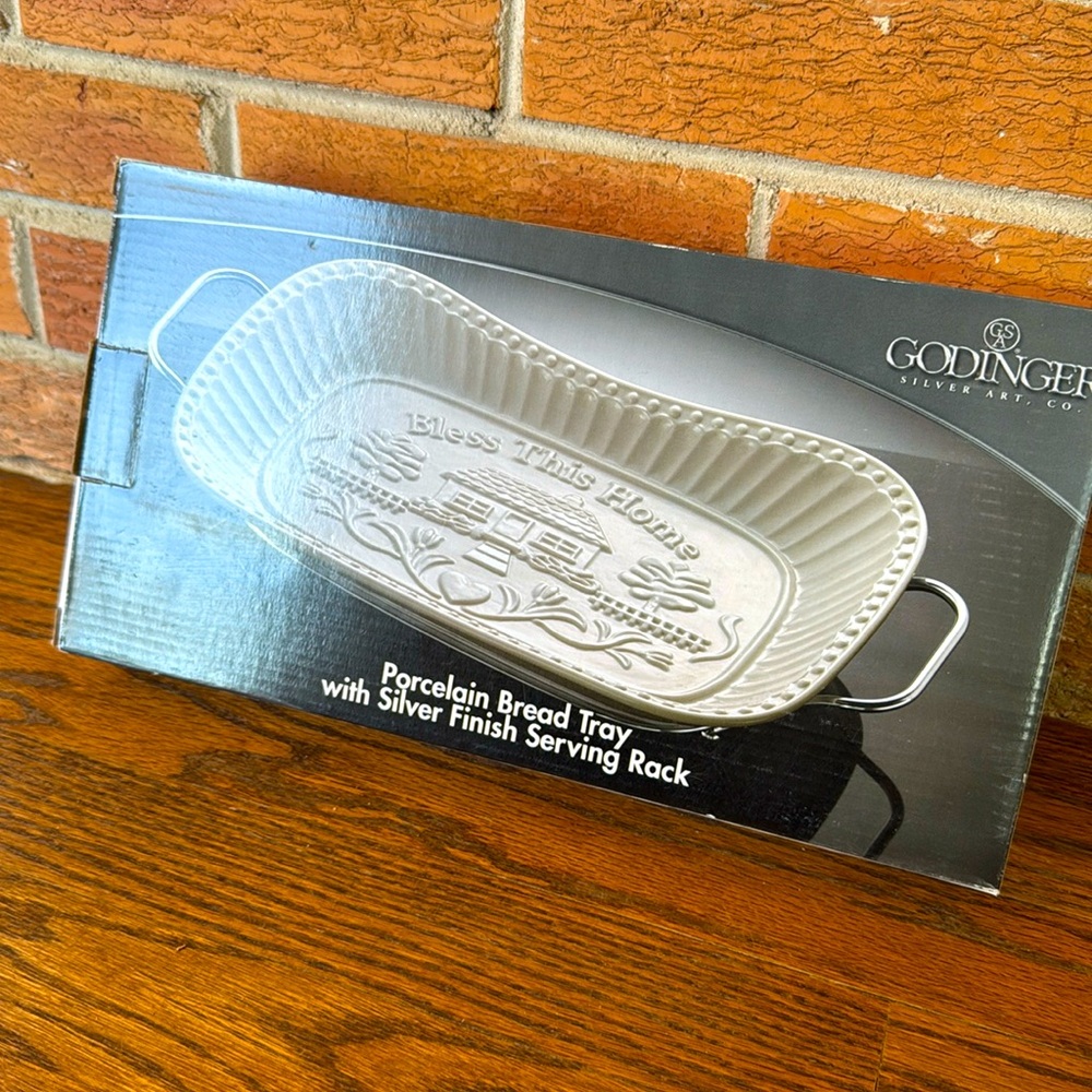 NIB Porcelain Bread Tray with Silver Serving Rack